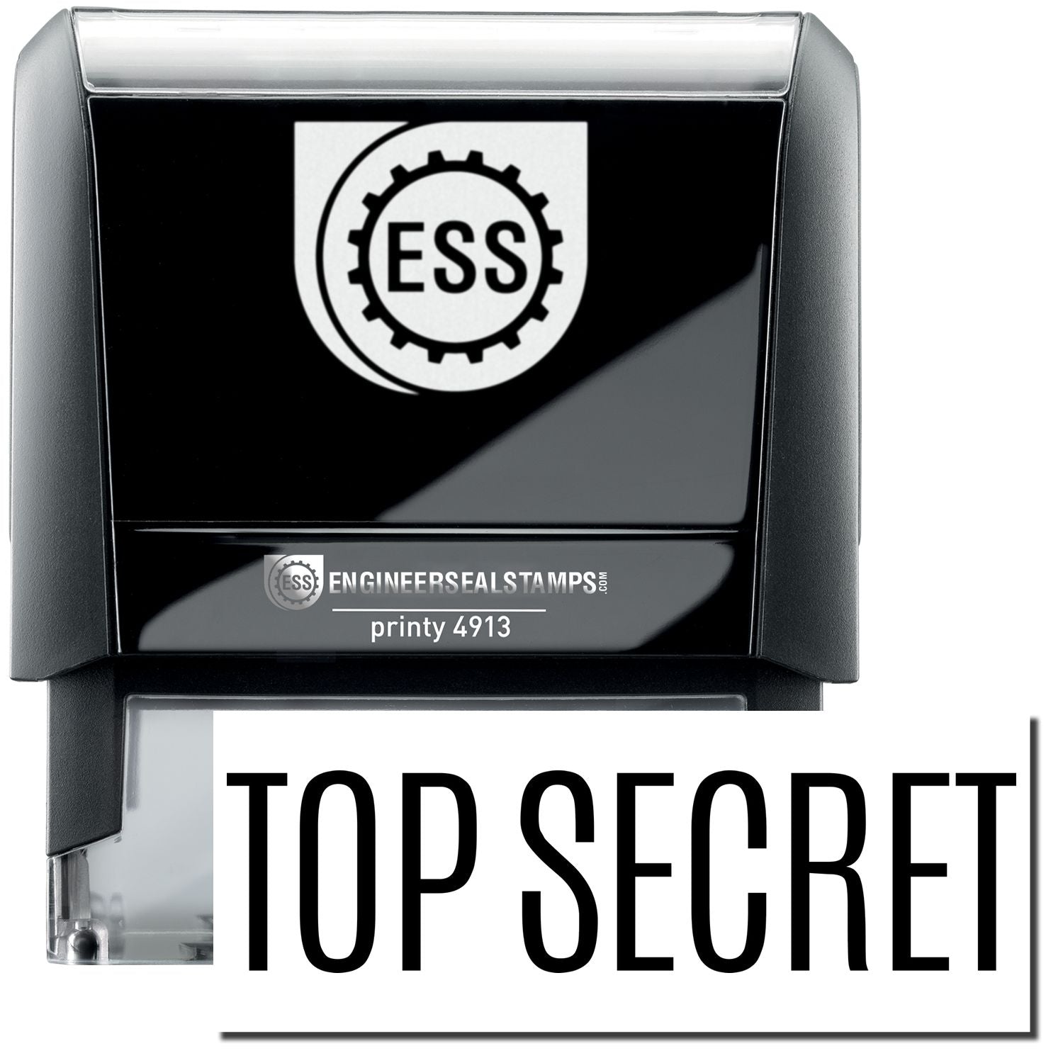 A self-inking stamp with a stamped image showing how the text "TOP SECRET" in a large font is displayed by it after stamping.