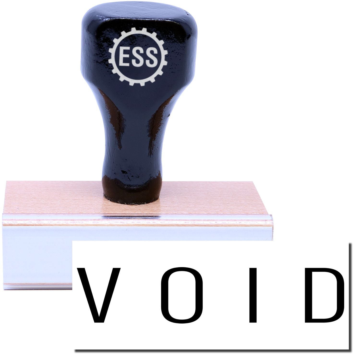 A stock office rubber stamp with a stamped image showing how the text VOID in a large narrow font is displayed after stamping.