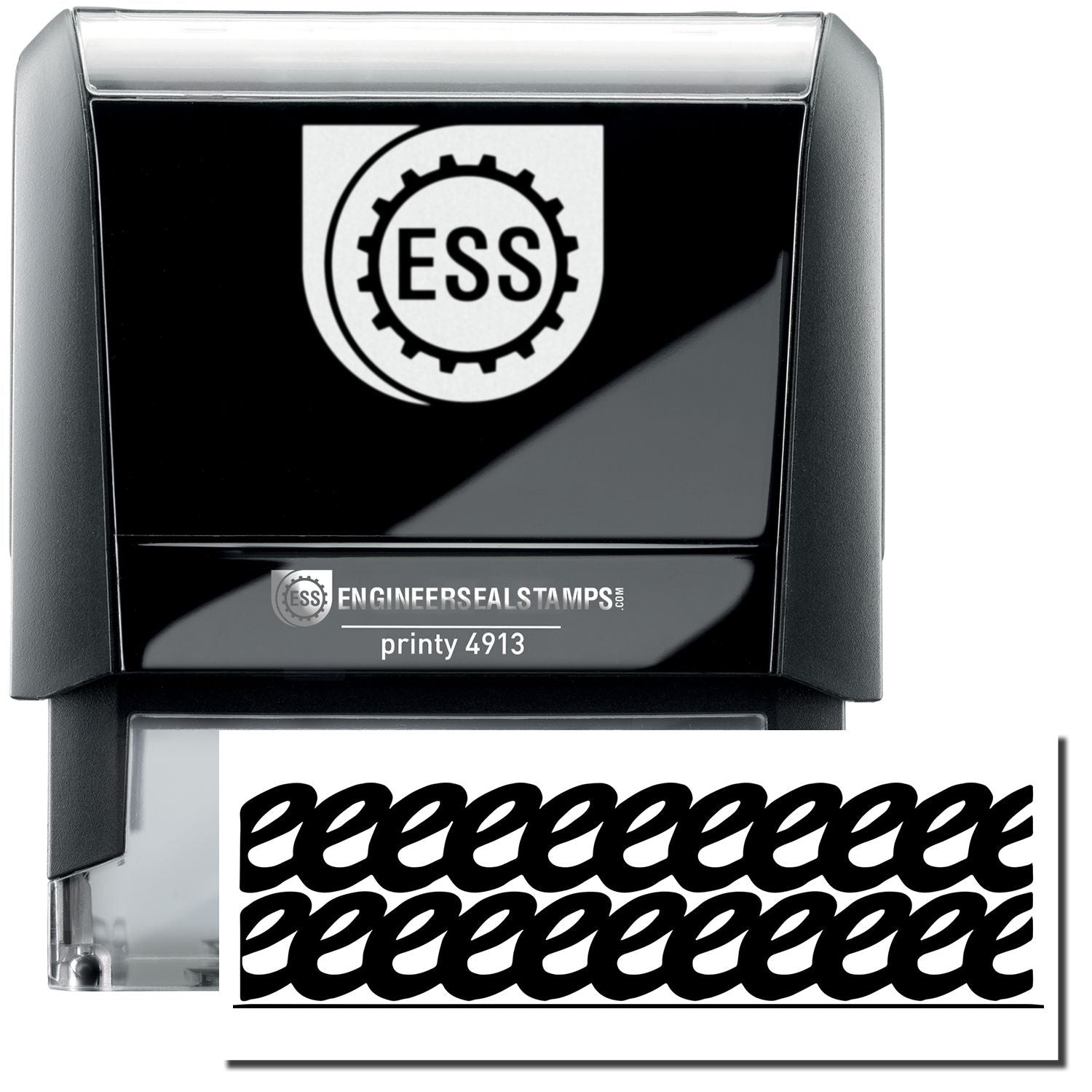 A self-inking stamp with a stamped image showing how the wrongly written texts can be hidden behind the image displayed by this strikeout stamp after stamping. It helps to cover up data or information that shouldn't be on a file or folder.