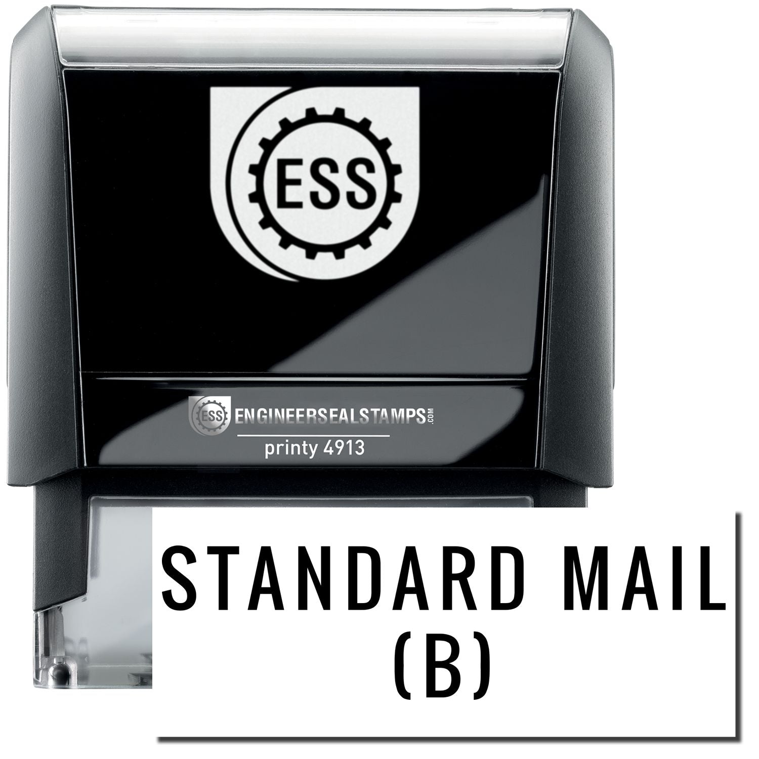 A self-inking stamp with a stamped image showing how the text "STANDARD MAIL (B)" in a large font is displayed by it after stamping.