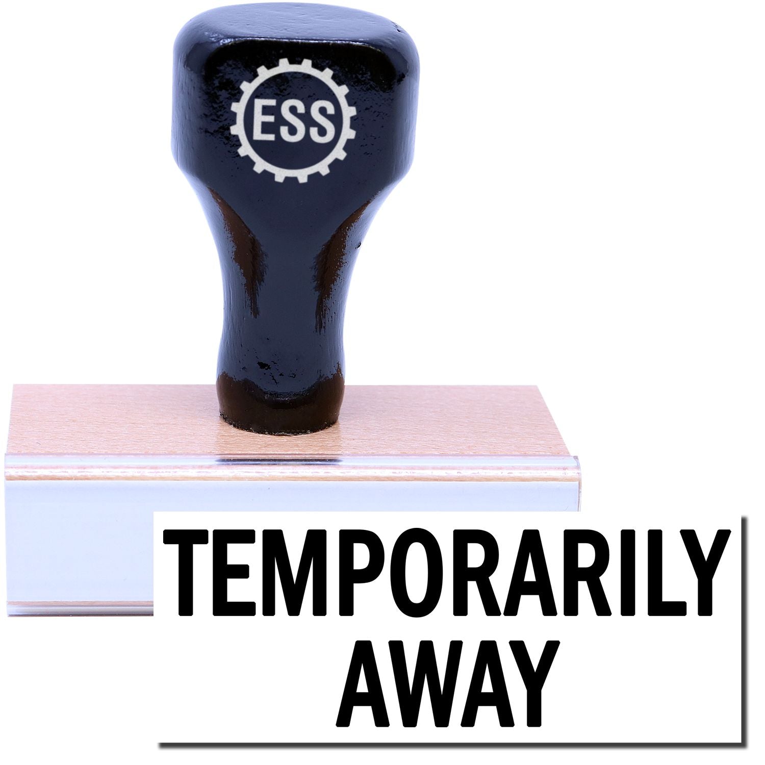 A stock office rubber stamp with a stamped image showing how the text "TEMPORARILY AWAY" in a large font is displayed after stamping.