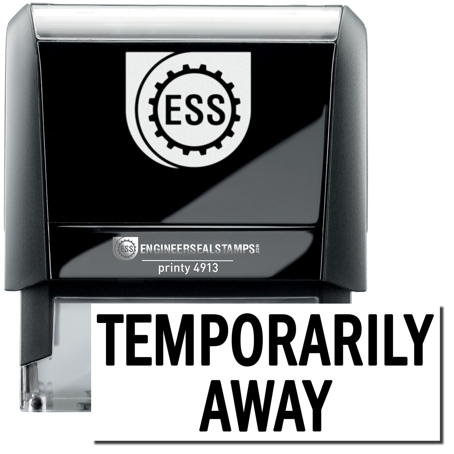 A self-inking stamp with a stamped image showing how the text TEMPORARILY AWAY in a large font is displayed by it after stamping.