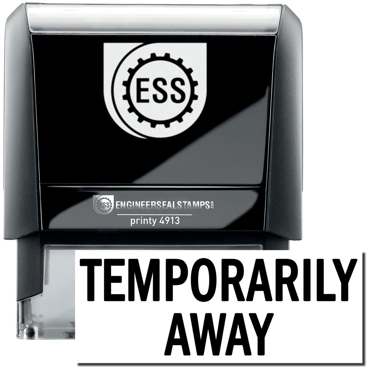 A self-inking stamp with a stamped image showing how the text &quot;TEMPORARILY AWAY&quot; in a large font is displayed by it after stamping.