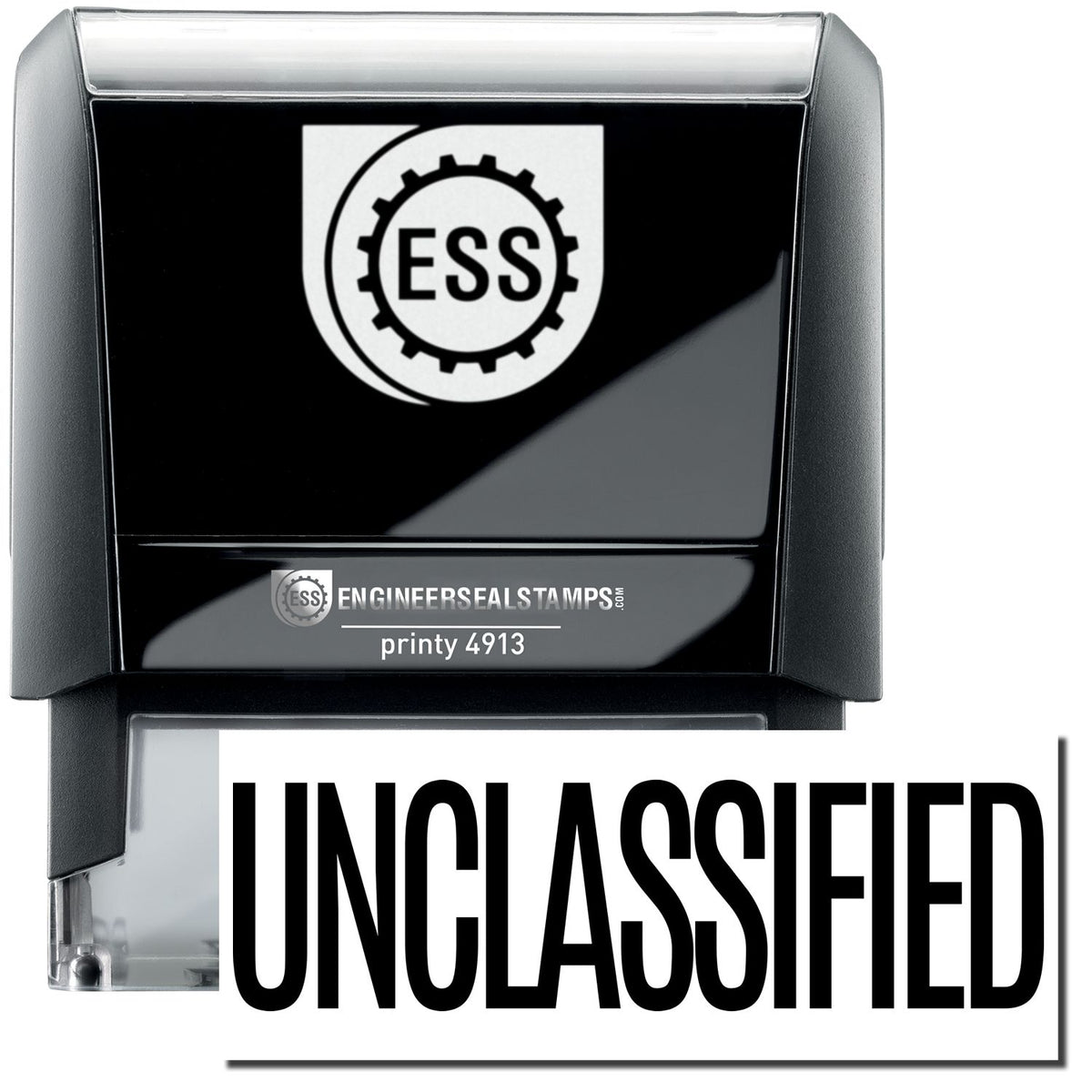 A self-inking stamp with a stamped image showing how the text &quot;UNCLASSIFIED&quot; in a large font is displayed by it after stamping.