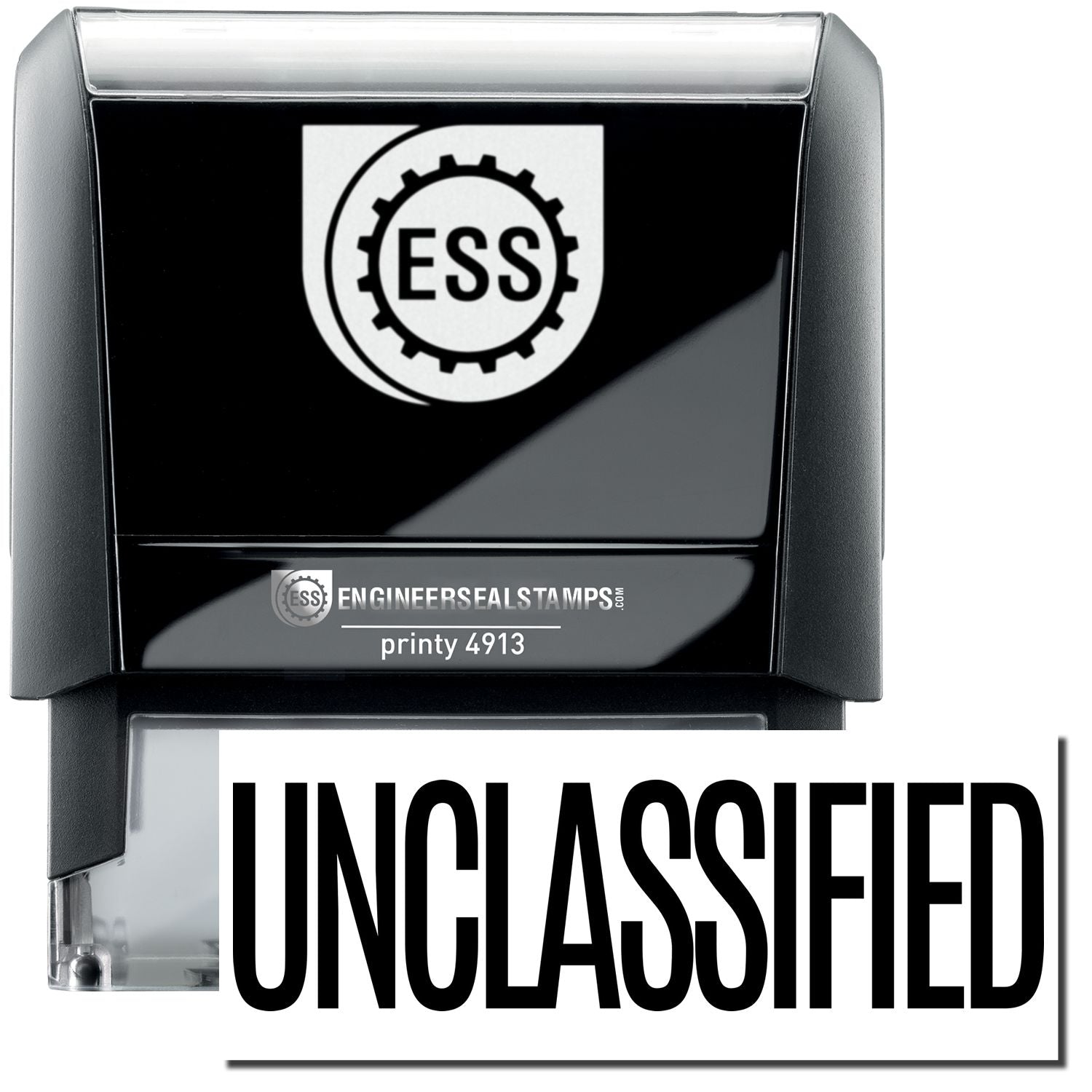 A self-inking stamp with a stamped image showing how the text "UNCLASSIFIED" in a large font is displayed by it after stamping.