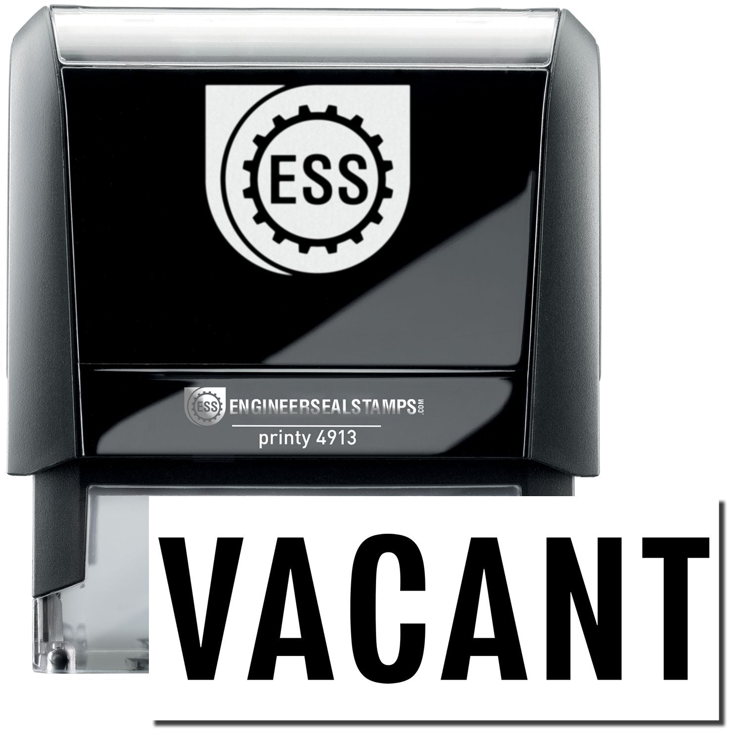 A self-inking stamp with a stamped image showing how the text VACANT in a large font is displayed by it after stamping.