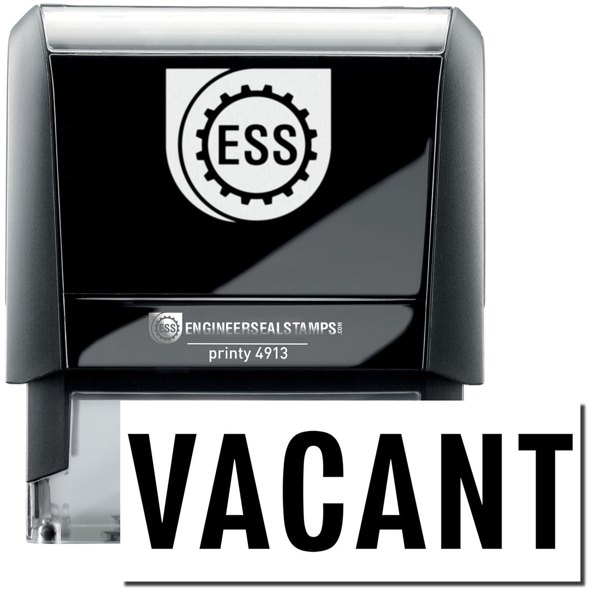 A self-inking stamp with a stamped image showing how the text &quot;VACANT&quot; in a large font is displayed by it after stamping.