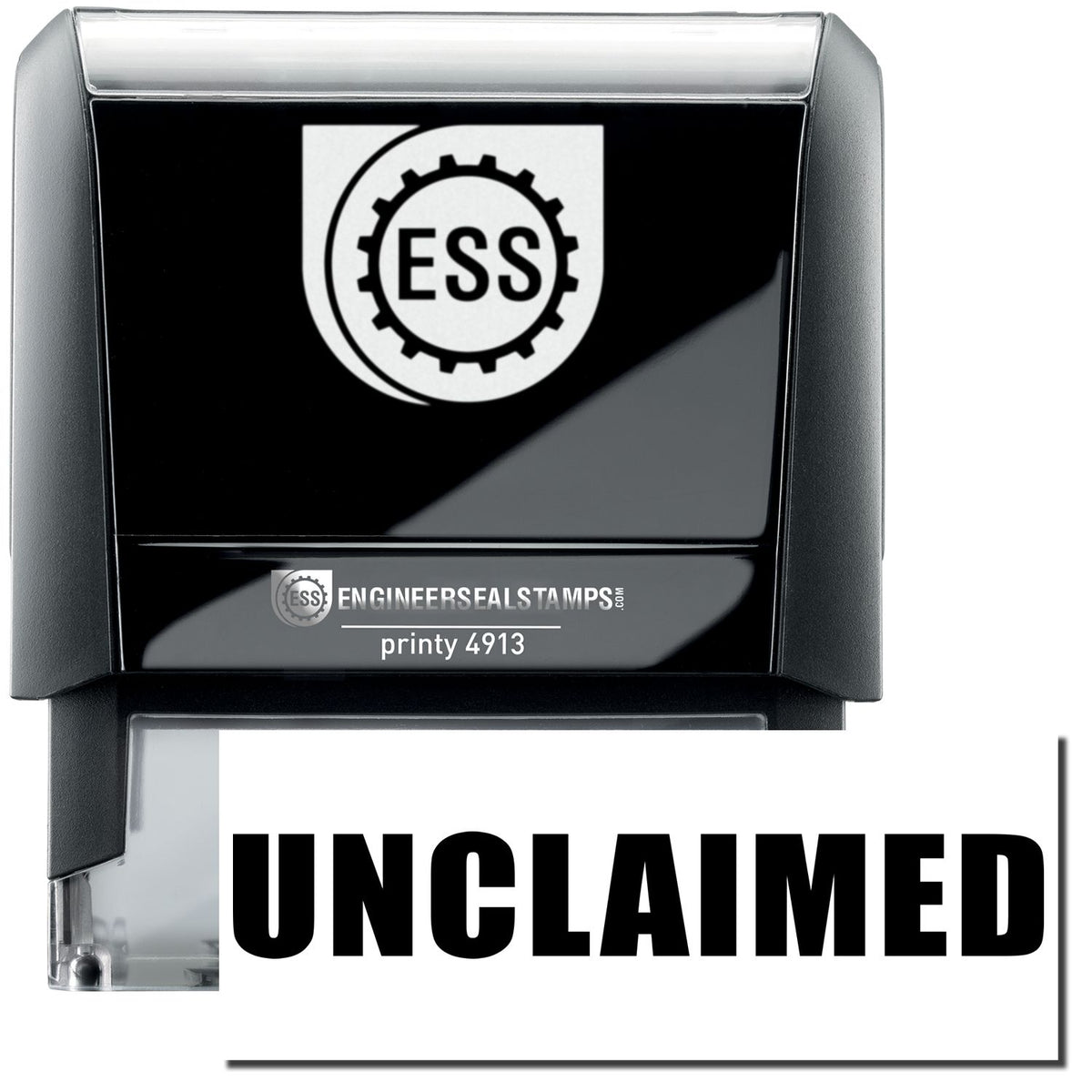 A self-inking stamp with a stamped image showing how the text &quot;UNCLAIMED&quot; in a large font is displayed by it after stamping.