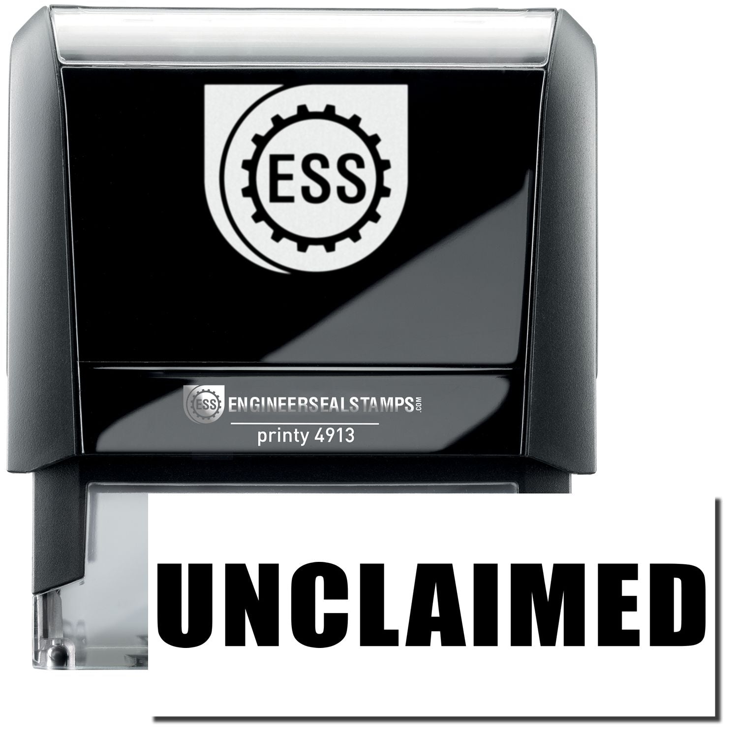 A self-inking stamp with a stamped image showing how the text "UNCLAIMED" in a large font is displayed by it after stamping.