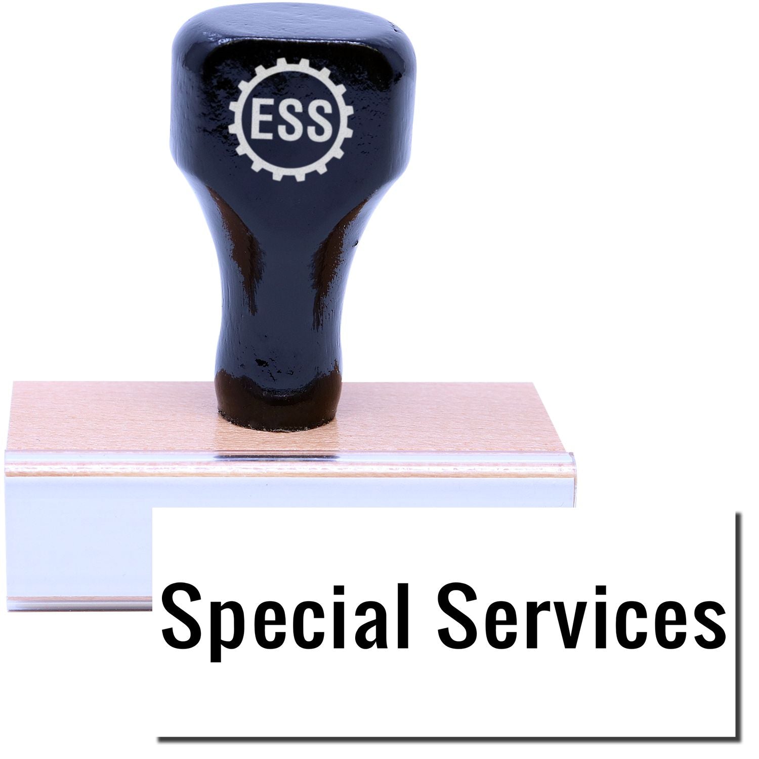 A stock office rubber stamp with a stamped image showing how the text "SPECIAL SERVICES" in a large font is displayed after stamping.