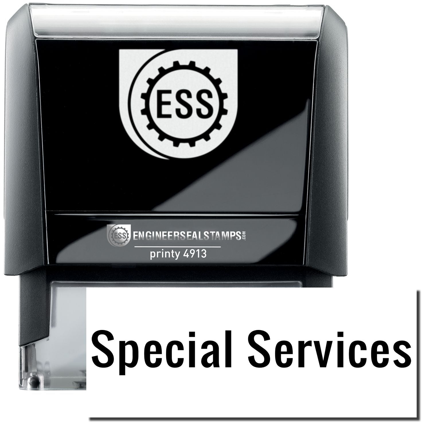 A self-inking stamp with a stamped image showing how the text Special Services in a large font is displayed by it after stamping.