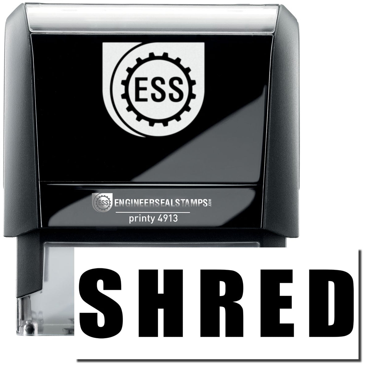 A self-inking stamp with a stamped image showing how the text &quot;SHRED&quot; in a large bold font is displayed by it after stamping.