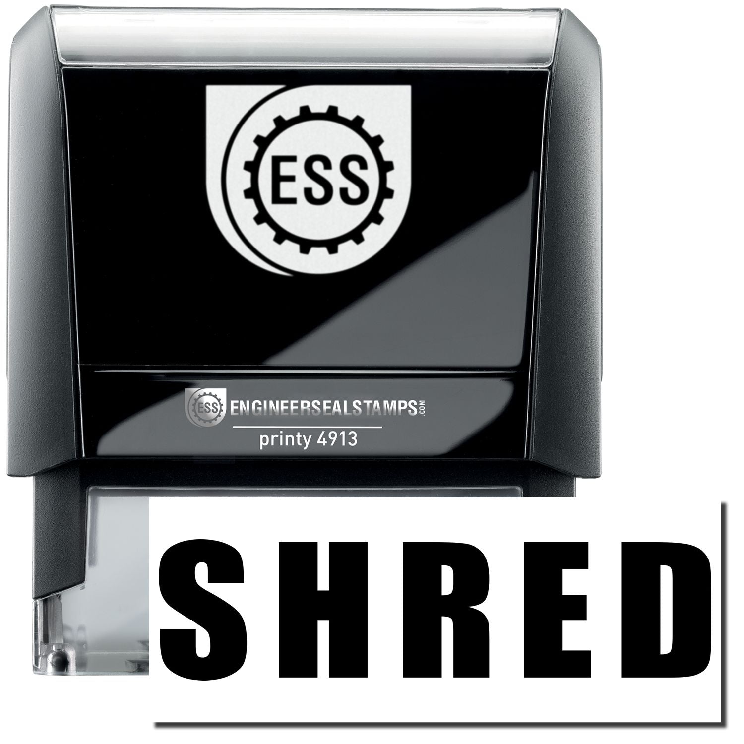 A self-inking stamp with a stamped image showing how the text "SHRED" in a large bold font is displayed by it after stamping.
