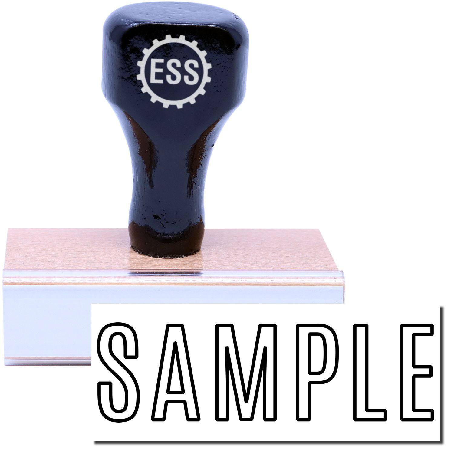 A stock office rubber stamp with a stamped image showing how the text SAMPLE in a large outline font is displayed after stamping.