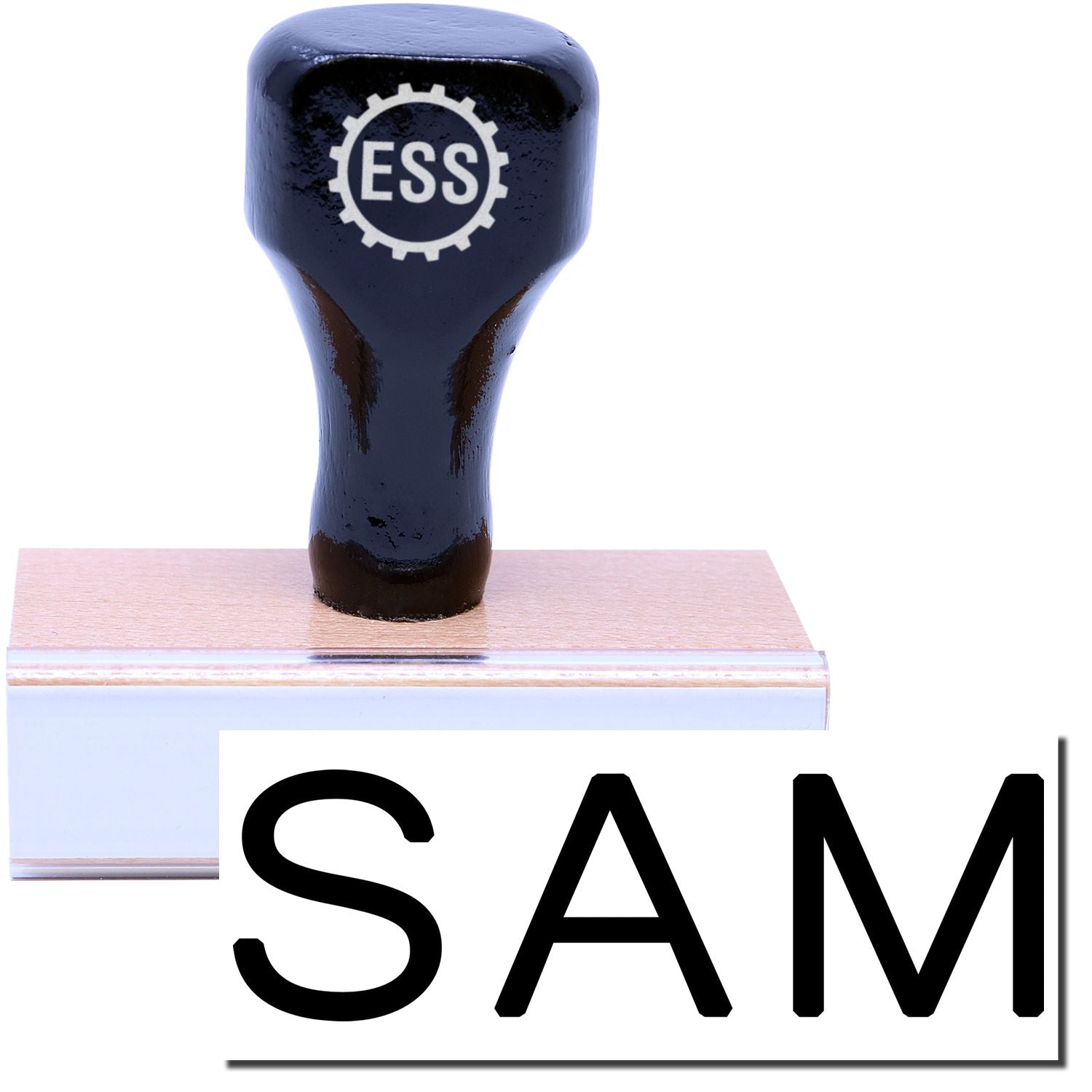 A stock office rubber stamp with a stamped image showing how the text SAM in a large font is displayed after stamping.