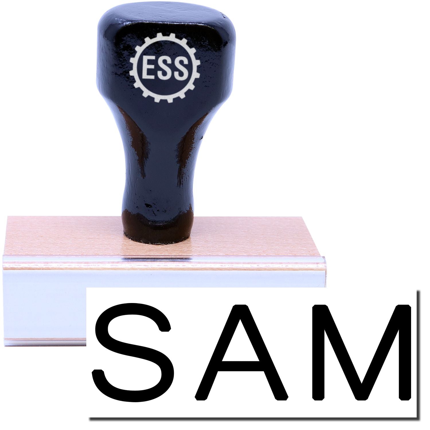 A stock office rubber stamp with a stamped image showing how the text "SAM" in a large font is displayed after stamping.