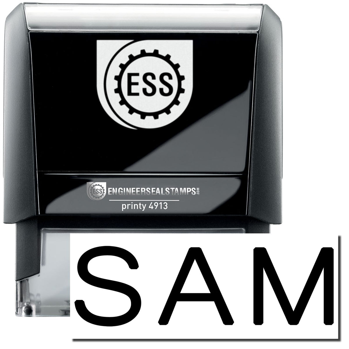 A self-inking stamp with a stamped image showing how the text &quot;SAM&quot; in a large font is displayed by it after stamping.
