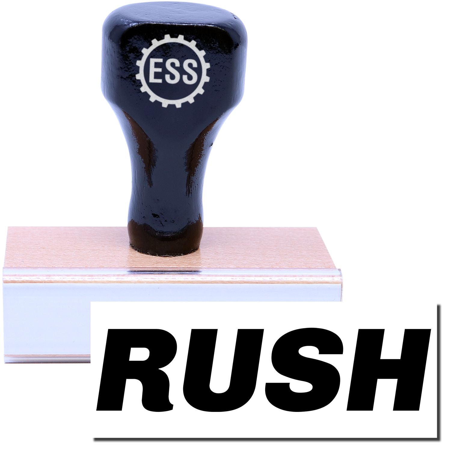 A stock office rubber stamp with a stamped image showing how the text RUSH in a large italic font is displayed after stamping.