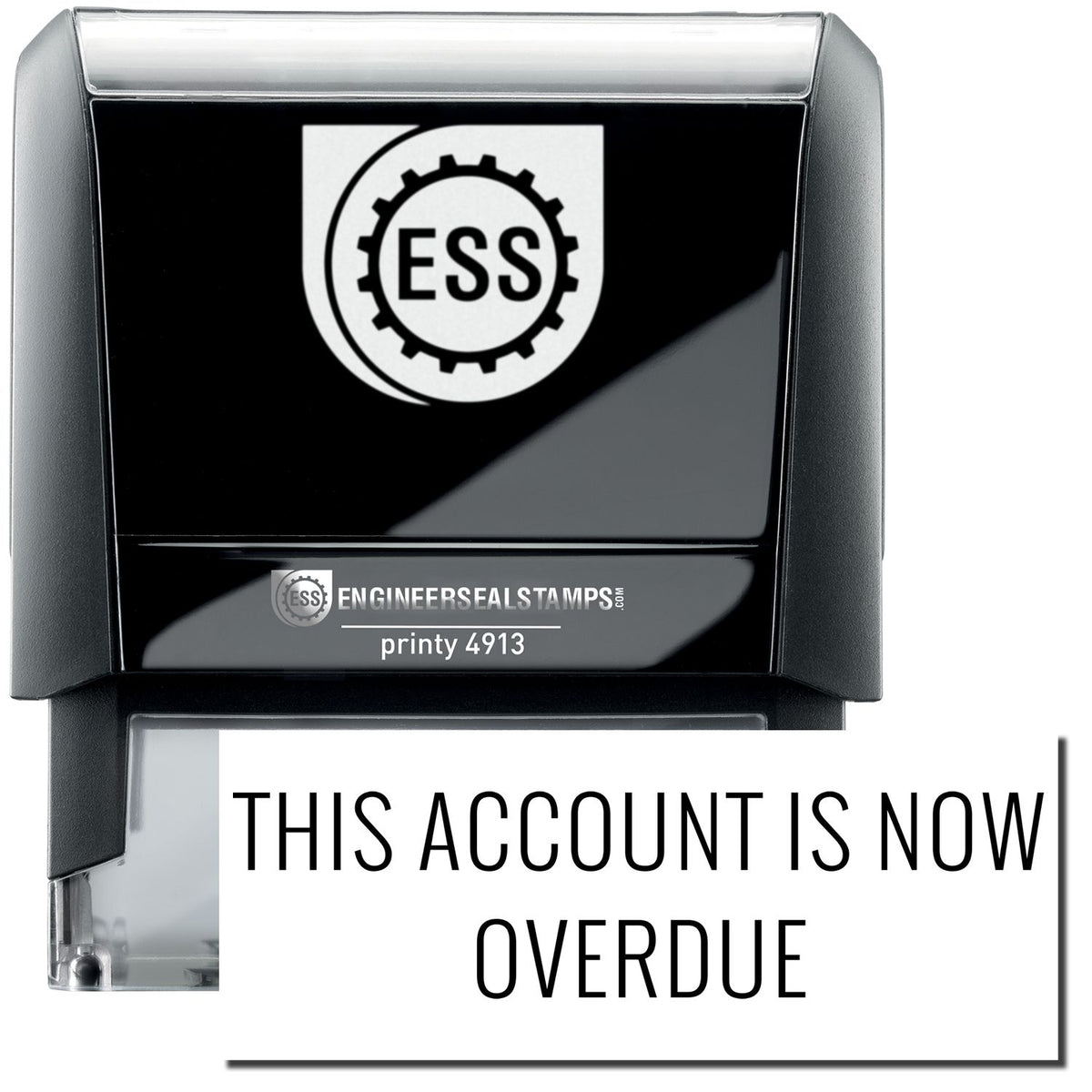 A self-inking stamp with a stamped image showing how the text &quot;THIS ACCOUNT IS NOW OVERDUE&quot; in a large narrow font is displayed by it after stamping.