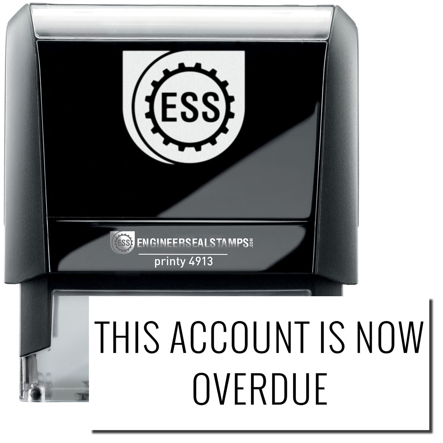A self-inking stamp with a stamped image showing how the text "THIS ACCOUNT IS NOW OVERDUE" in a large narrow font is displayed by it after stamping.