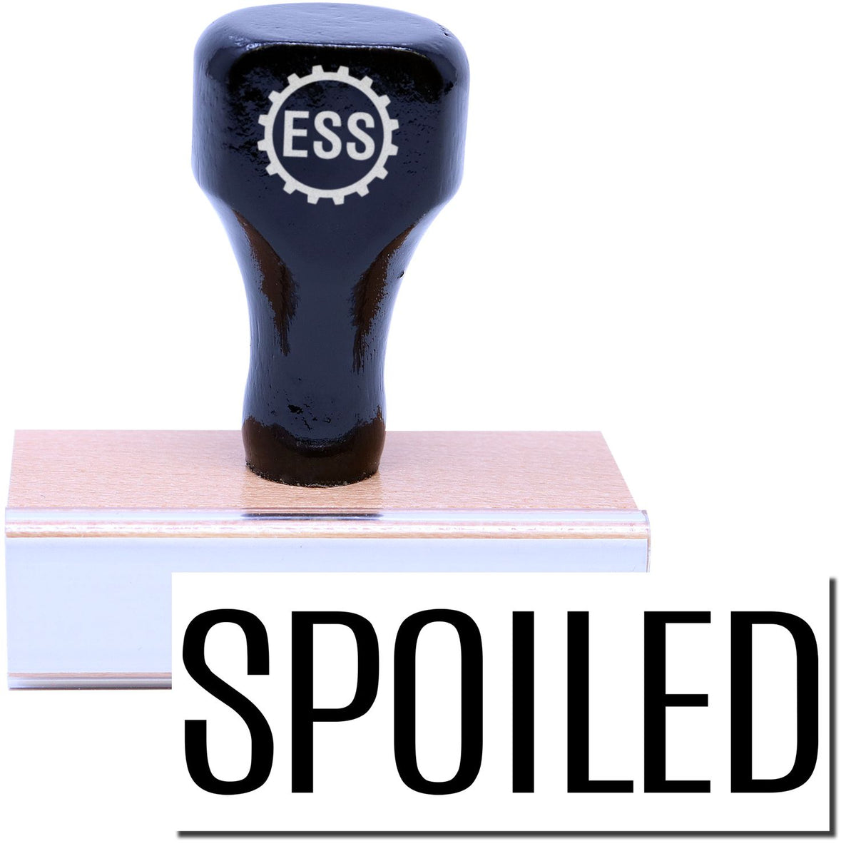 A stock office rubber stamp with a stamped image showing how the text &quot;SPOILED&quot; in a large font is displayed after stamping.