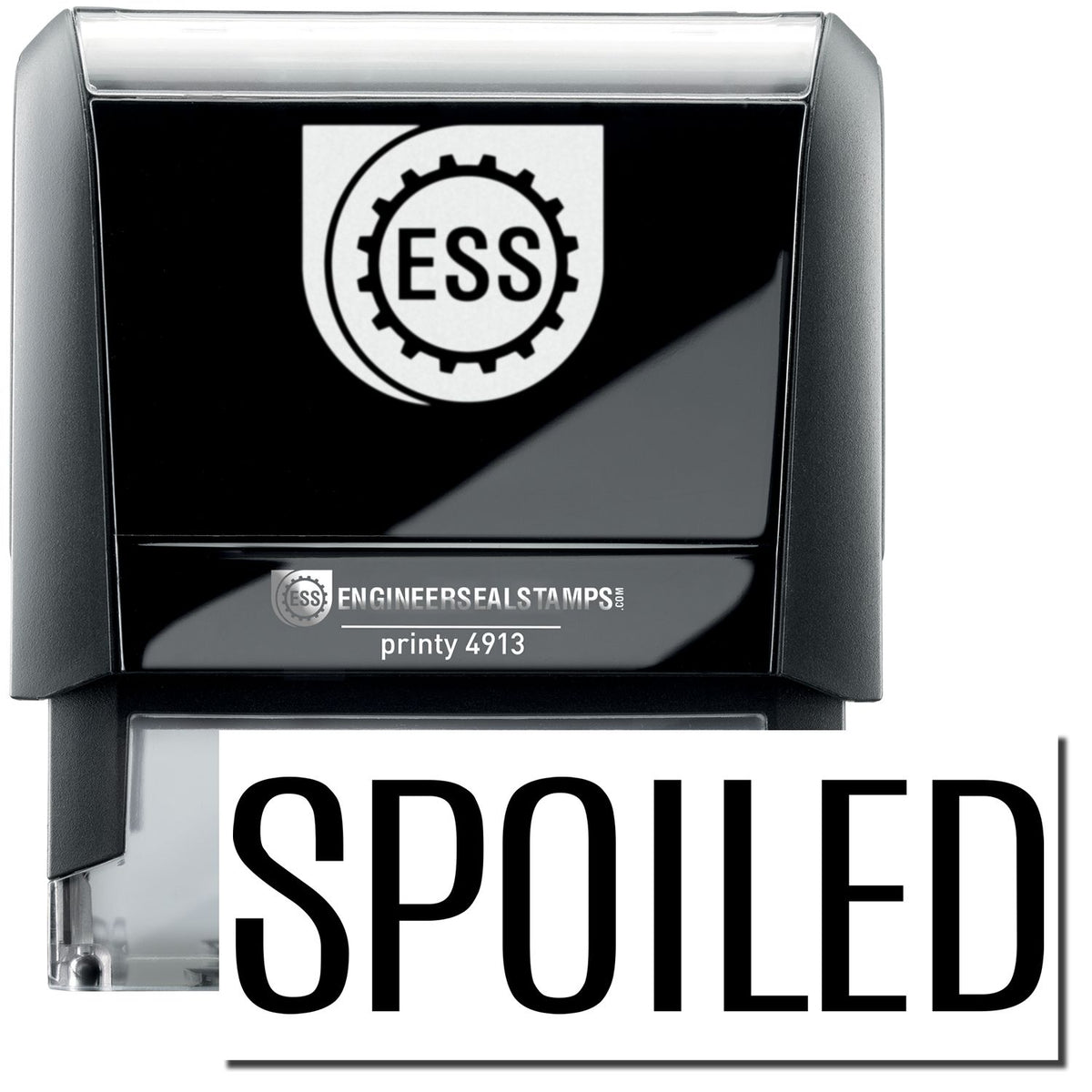 A self-inking stamp with a stamped image showing how the text &quot;SPOILED&quot; in a large font is displayed by it after stamping.