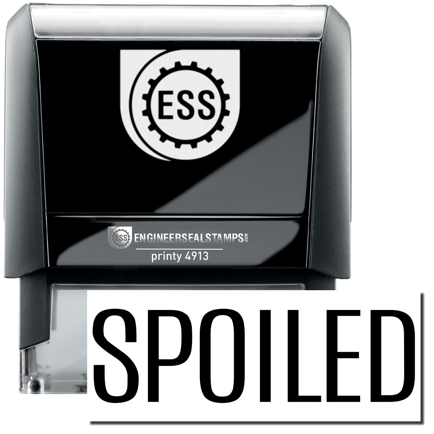 A self-inking stamp with a stamped image showing how the text "SPOILED" in a large font is displayed by it after stamping.
