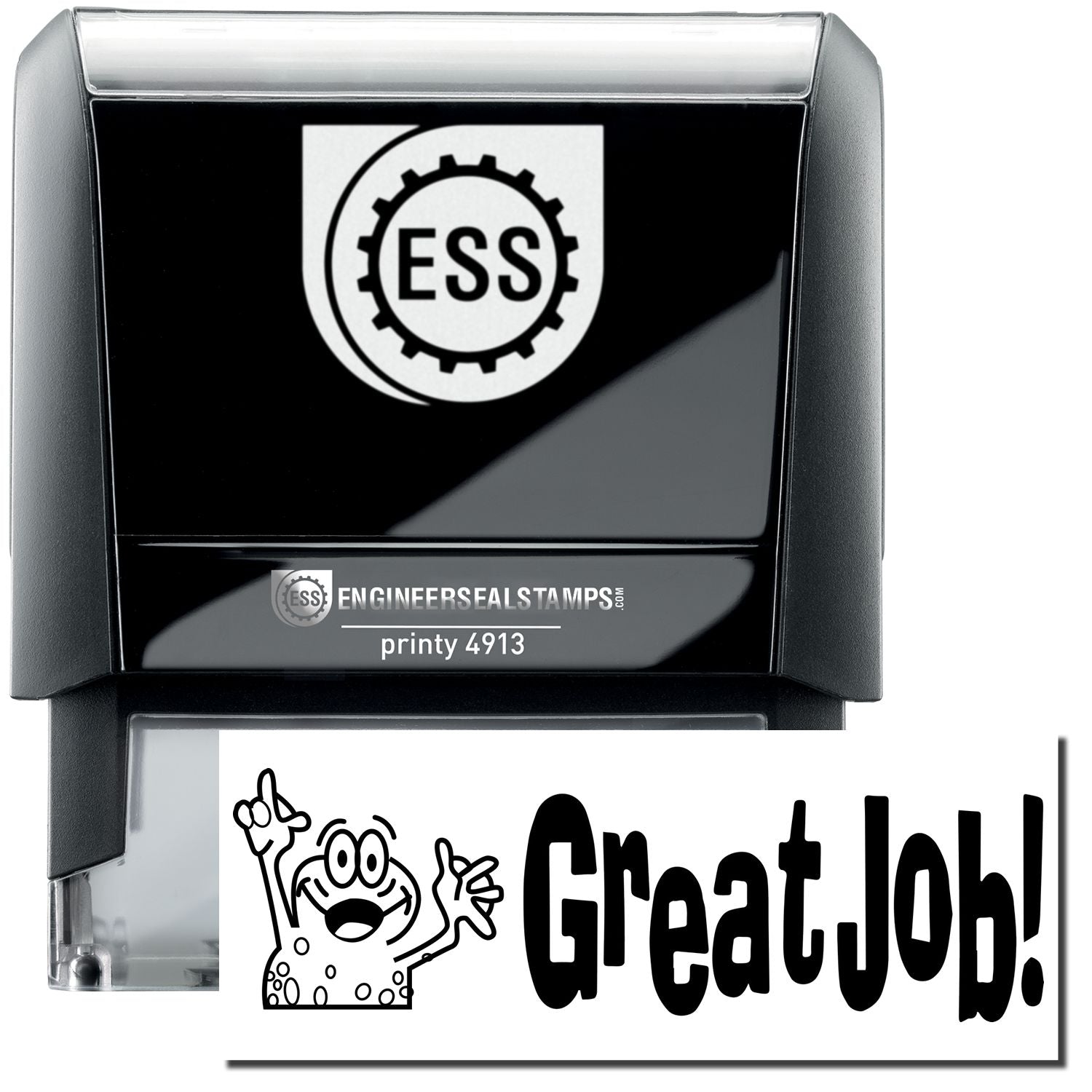 A self-inking stamp with a stamped image showing how the text "Great Job!" in a large font with an image of a frog (on the left side of the text whose hands are up in the air) is displayed by it after stamping.