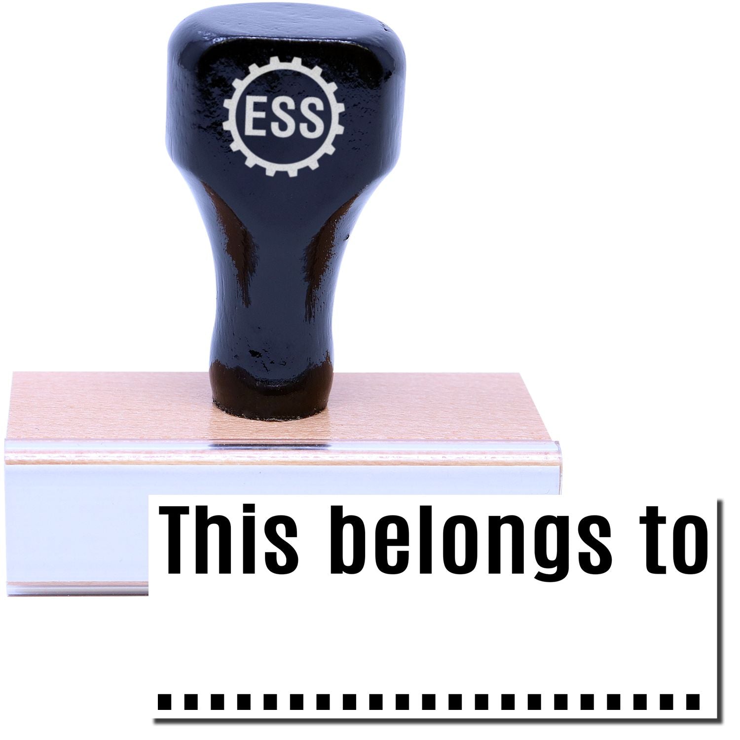 A stock office rubber stamp with a stamped image showing how the text "This belongs to" in a large font with a dotted line underneath the text is displayed after stamping.