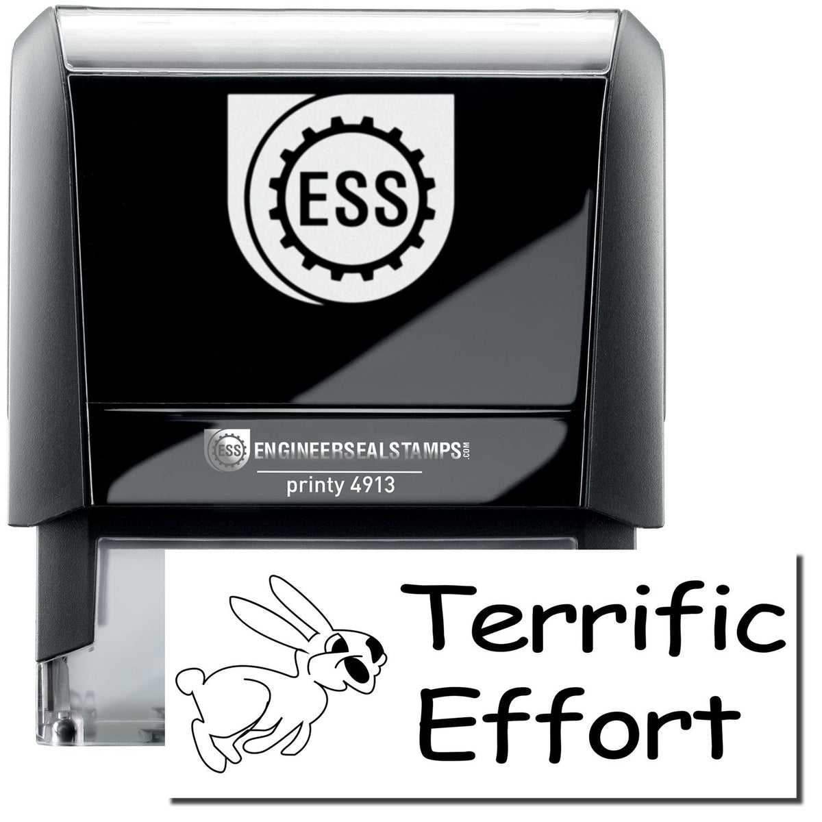 A self-inking stamp with a stamped image showing how the text &quot;Terrific Effort&quot; in a large font with a hopping rabbit on the left side is displayed by it after stamping.