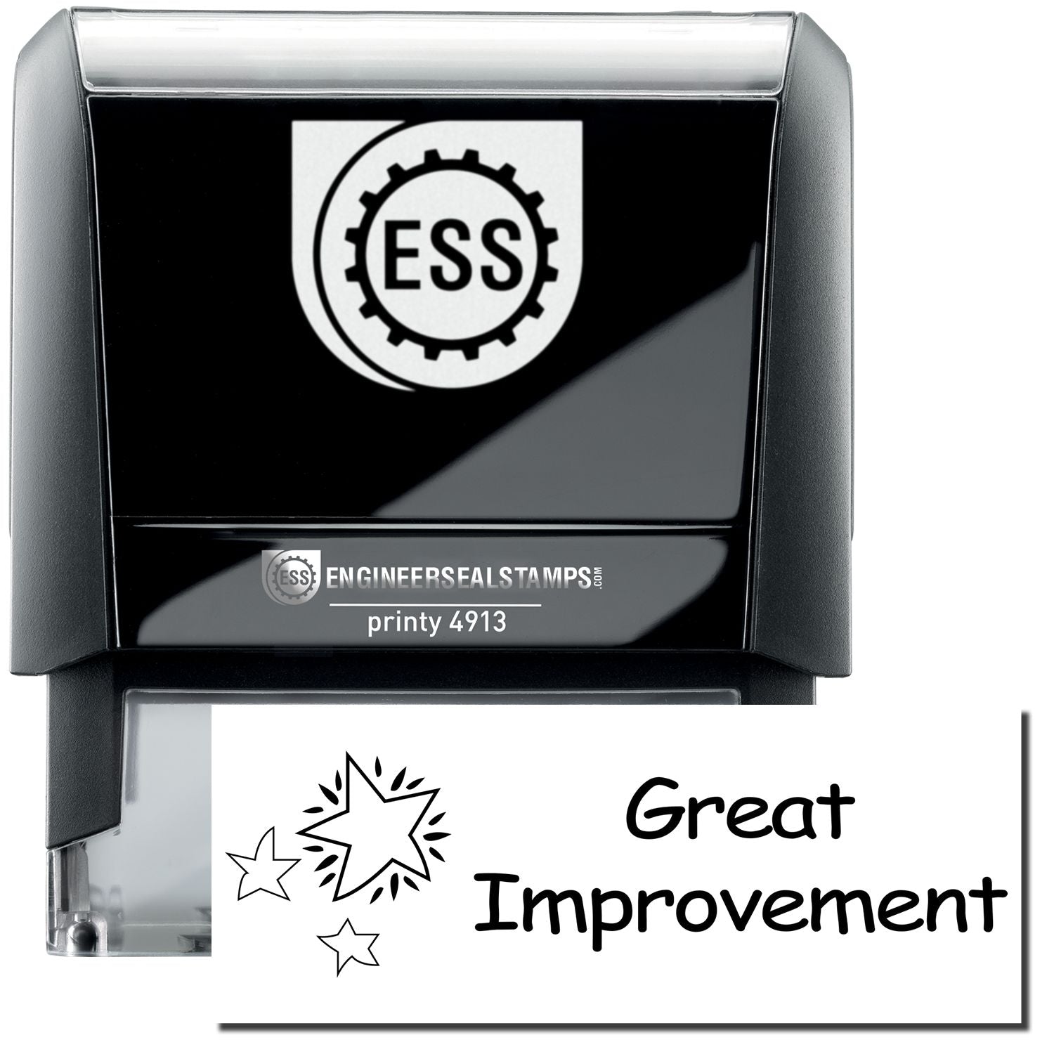 A self-inking stamp with a stamped image showing how the text Great Improvement in a large whimsical font with a trio of stars on the left side is displayed by it after stamping.