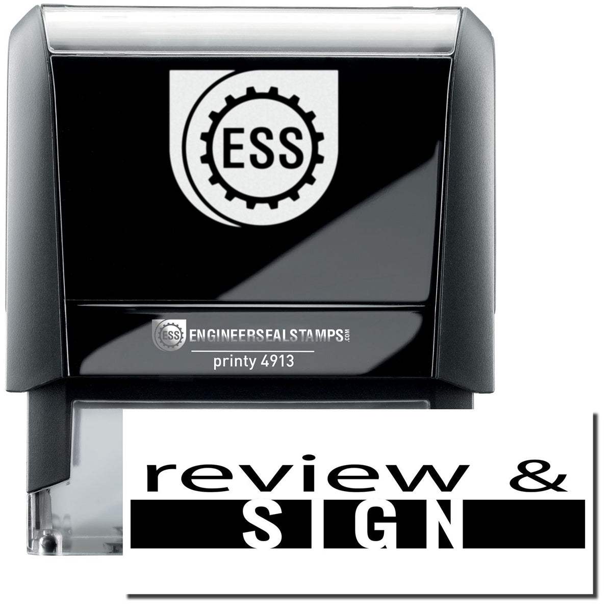 A self-inking stamp with a stamped image showing how the text &quot;review &amp; SIGN&quot; (The word &quot;SIGN&quot; written inside the black box) in a large font is displayed by it after stamping.