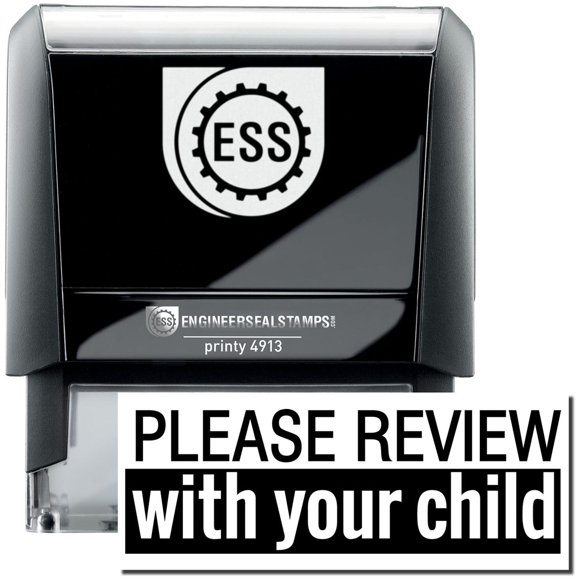 A self-inking stamp with a stamped image showing how the text &quot;PLEASE REVIEW with your child&quot; (The text &quot;with your child&quot; is written inside the black box) in a large font is displayed by it after stamping.