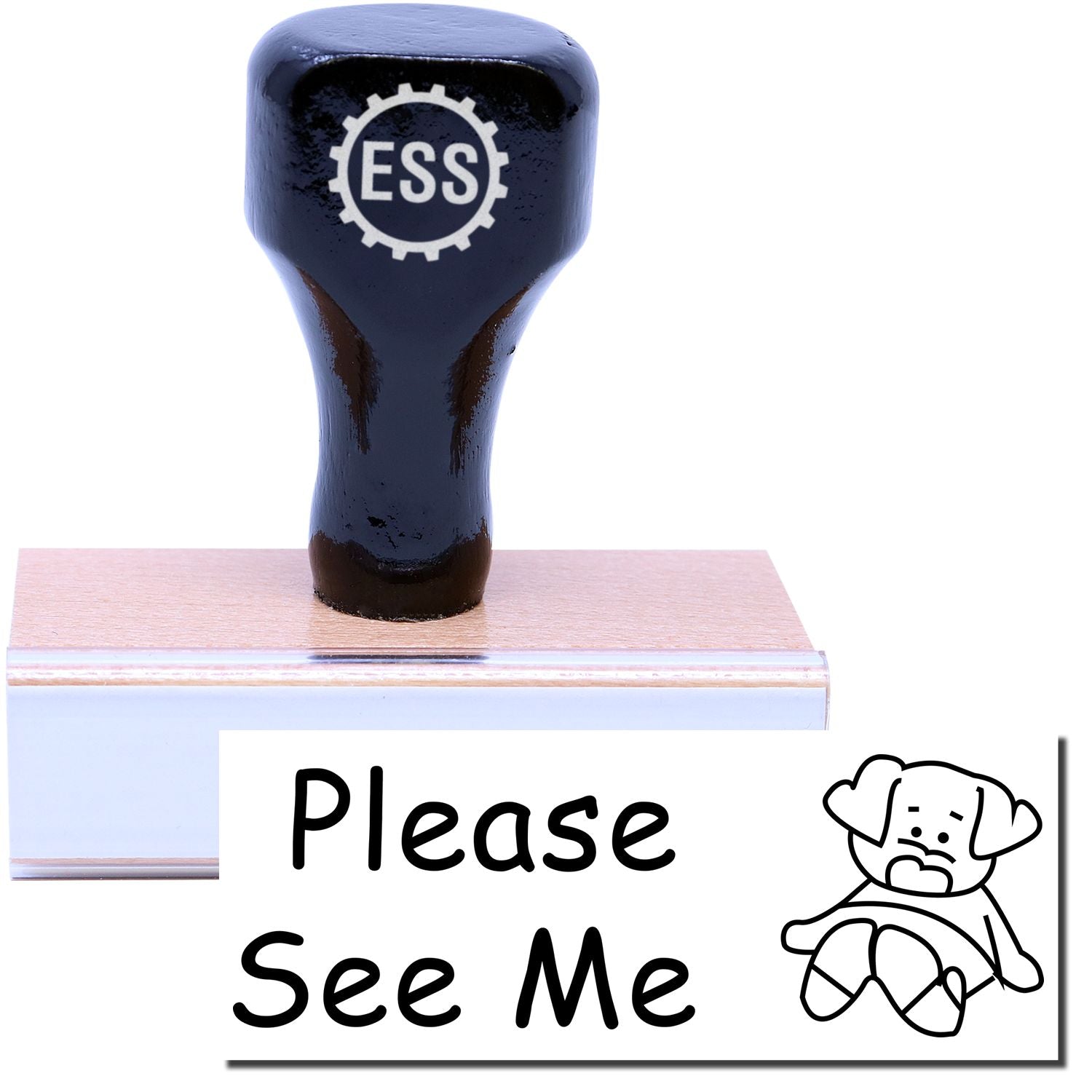A stock office rubber stamp with a stamped image showing how the text "Please See Me" in a large font with a small image of a dog on the side is displayed after stamping.