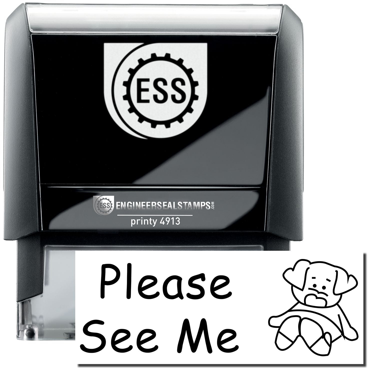 A self-inking stamp with a stamped image showing how the text Please See Me in a large font with a small image of a dog on the right side is displayed by it after stamping.