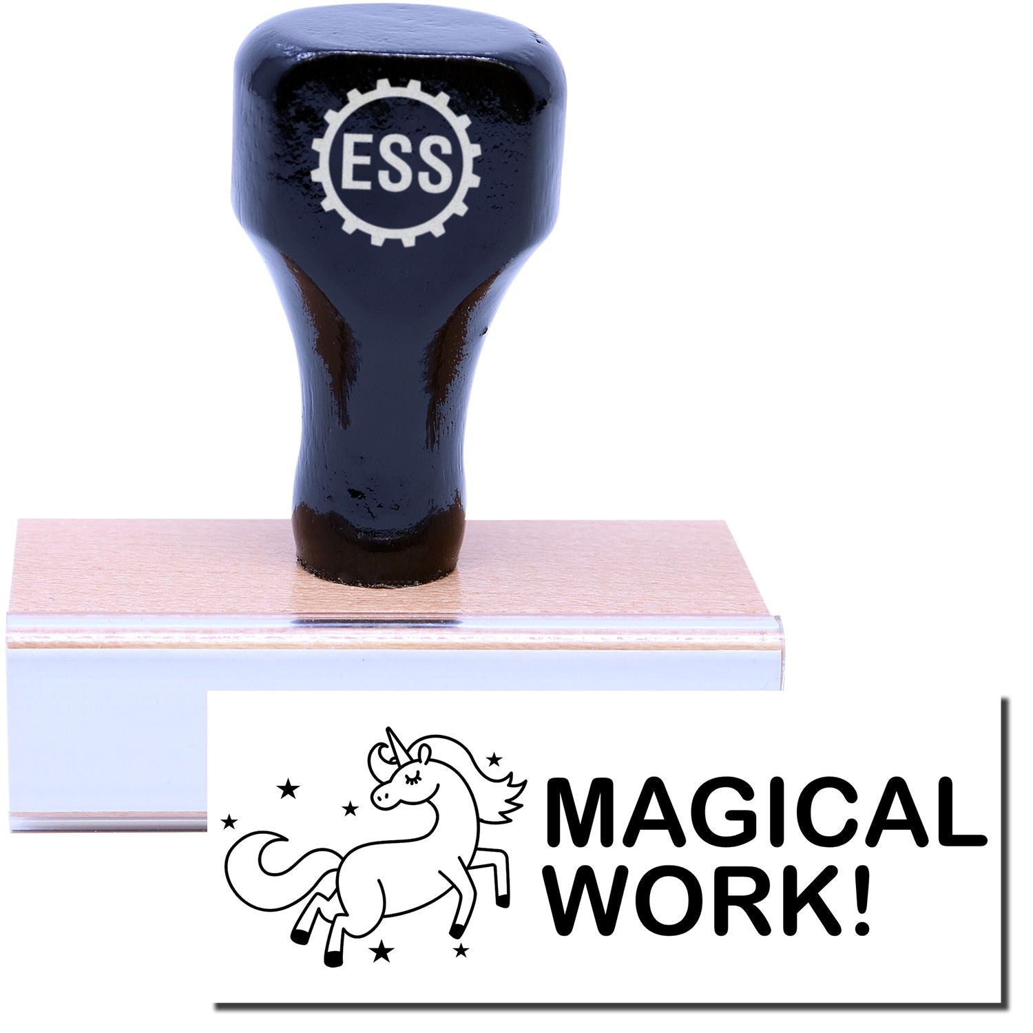 A stock office rubber stamp with a stamped image showing how the text "MAGICAL WORK!" in a large font with the image of a unicorn dancing among the stars is displayed after stamping.