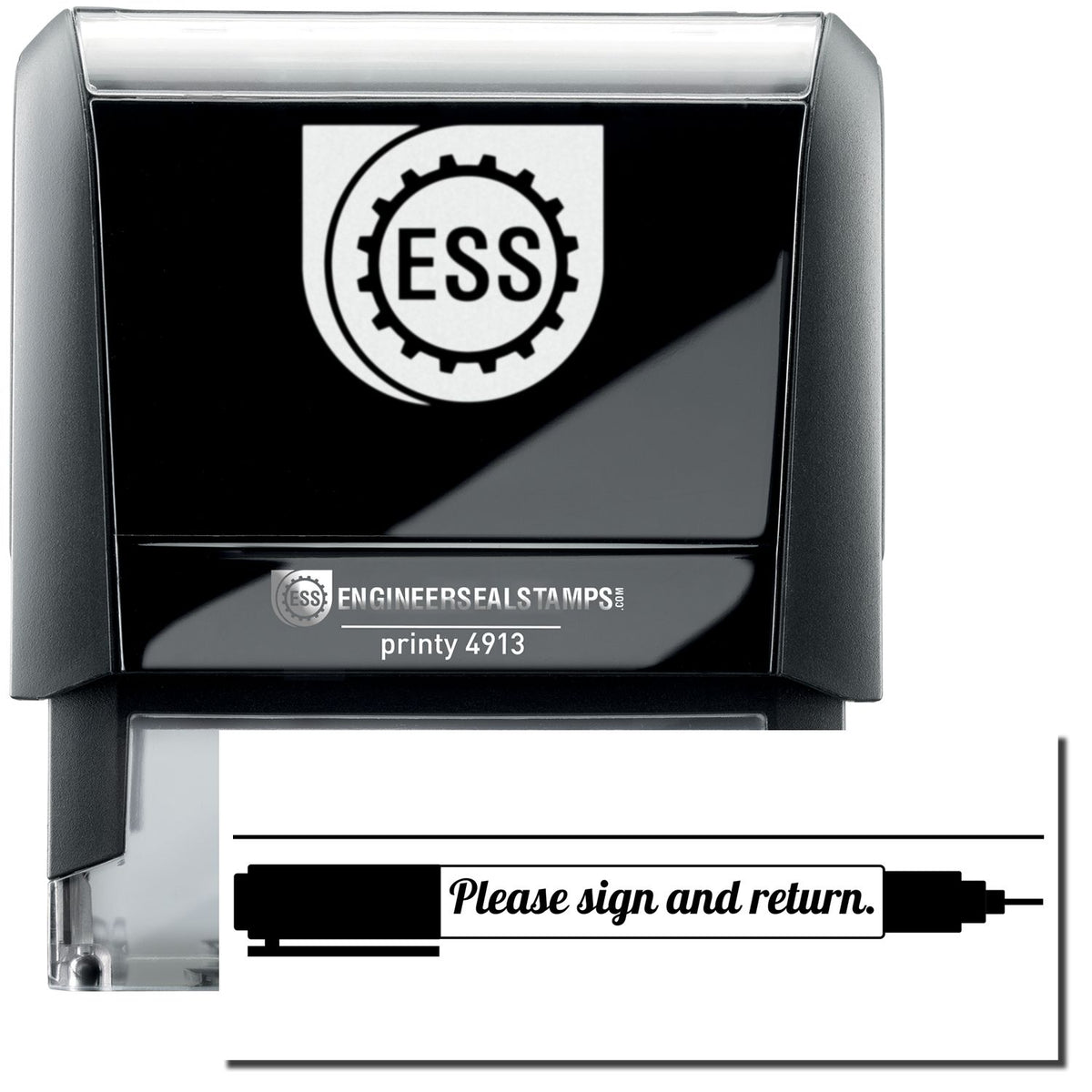 A self-inking stamp with a stamped image showing how the text &quot;Please sign and return.&quot; in a large font inside the image of a pen is displayed by it after stamping.