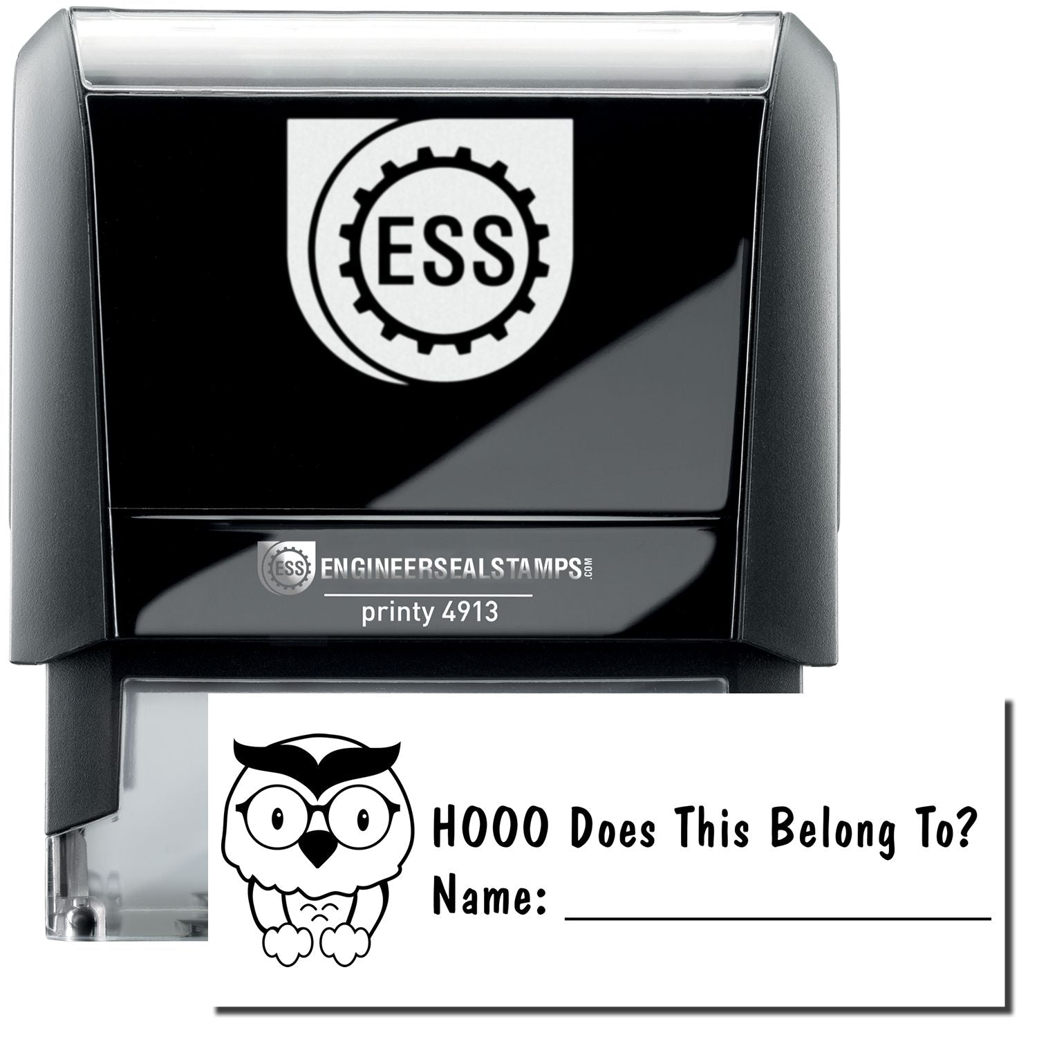 A self-inking stamp with a stamped image showing how the text HOOO Does This Belong To? with an image of an owl on the left, and has a second line that reads Name: (and leaves a space with it) in a large font is displayed after stamping.