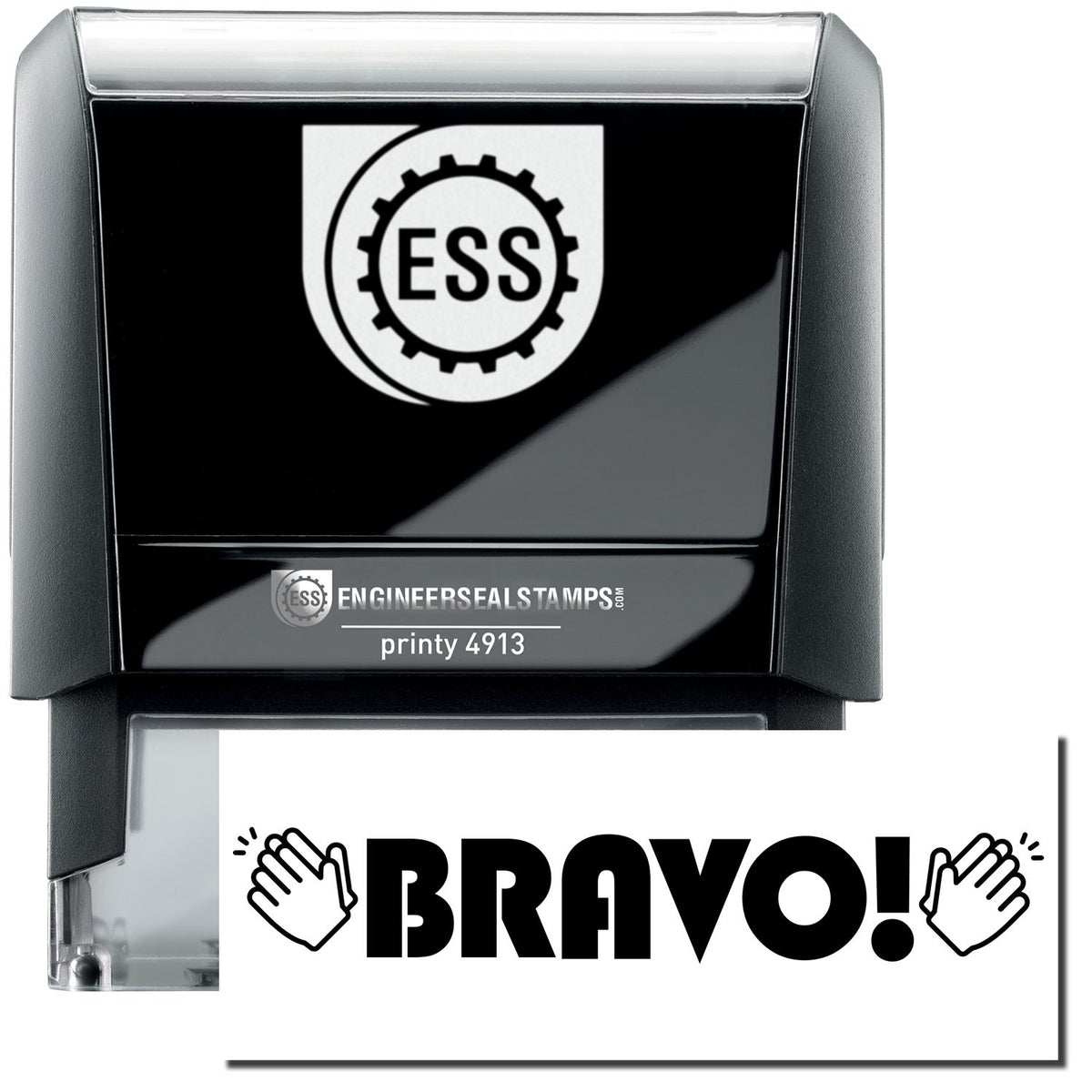 A self-inking stamp with a stamped image showing how the text &quot;BRAVO!&quot; in a large unique bold font with clapping Hands on both left and the right side of the text is displayed after stamping.