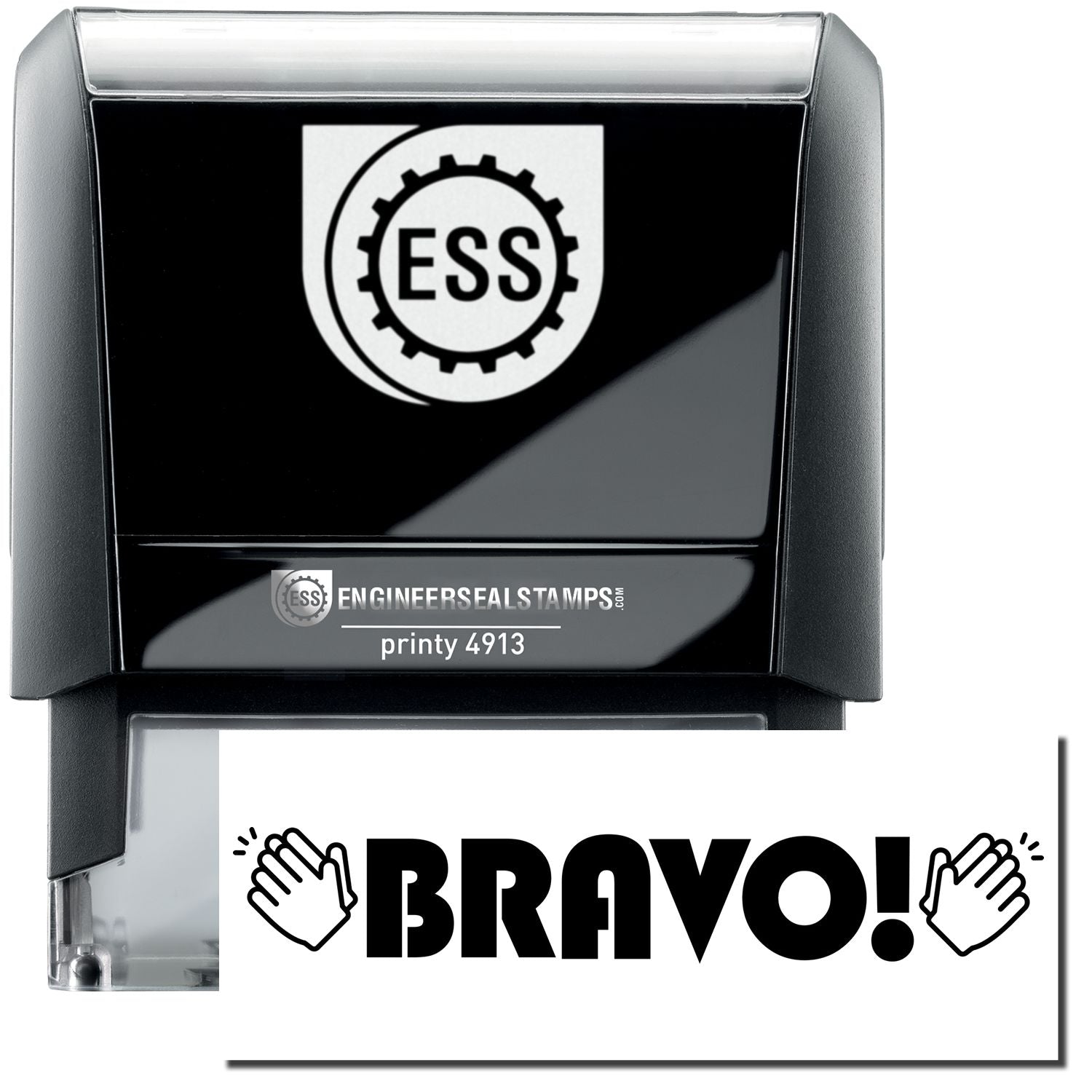 A self-inking stamp with a stamped image showing how the text "BRAVO!" in a large unique bold font with clapping Hands on both left and the right side of the text is displayed after stamping.