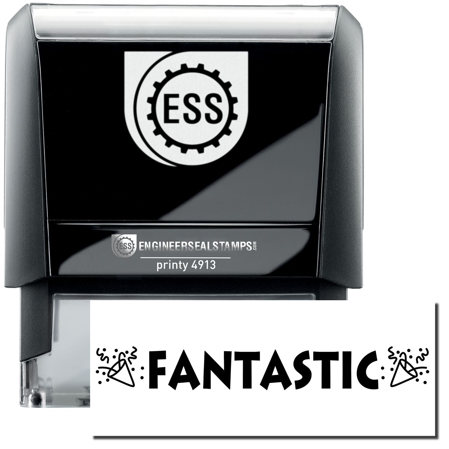 A self-inking stamp with a stamped image showing how the text "FANTASTIC" in large jagged letters (in bold font) and the image of noise blowers on each side is displayed after stamping.
