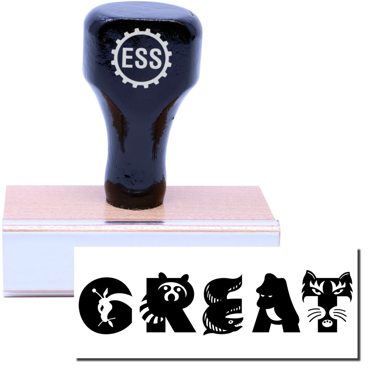 A stock office rubber stamp with a stamped image showing how the word &quot;GREAT&quot; (Each letter is created to resemble an animal, including a giraffe, raccoon, eel, ape, and tiger) in a large font is displayed after stamping.