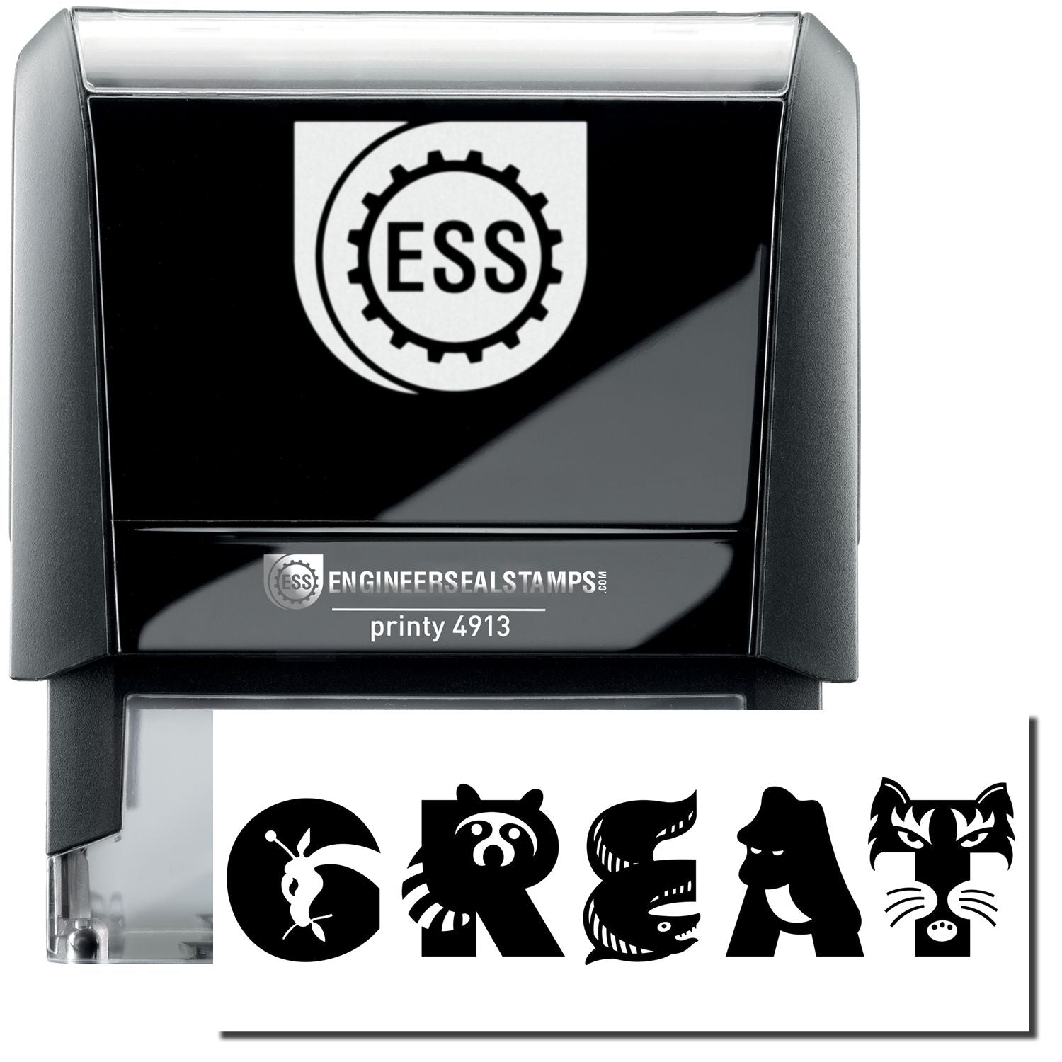 A self-inking stamp with a stamped image showing how the text "GREAT" in a large unique bold font is displayed after stamping. Each of the letters in the word "GREAT" is resembling an animal, including a giraffe, raccoon, eel, ape, and tiger.