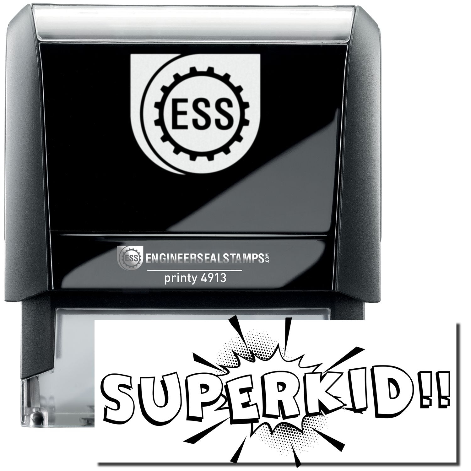 A self-inking stamp with a stamped image showing how the text SUPERKID!! in a large bold urban font and a background that seems like it came out of comic book pages is displayed after stamping.