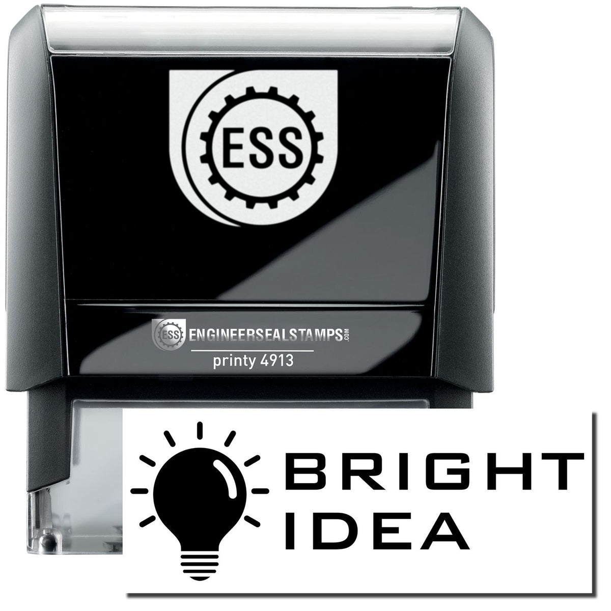 A self-inking stamp with a stamped image showing how the text &quot;BRIGHT IDEA&quot; in a tech-style font with an image of a bright lightbulb on the left side of the text is displayed after stamping.