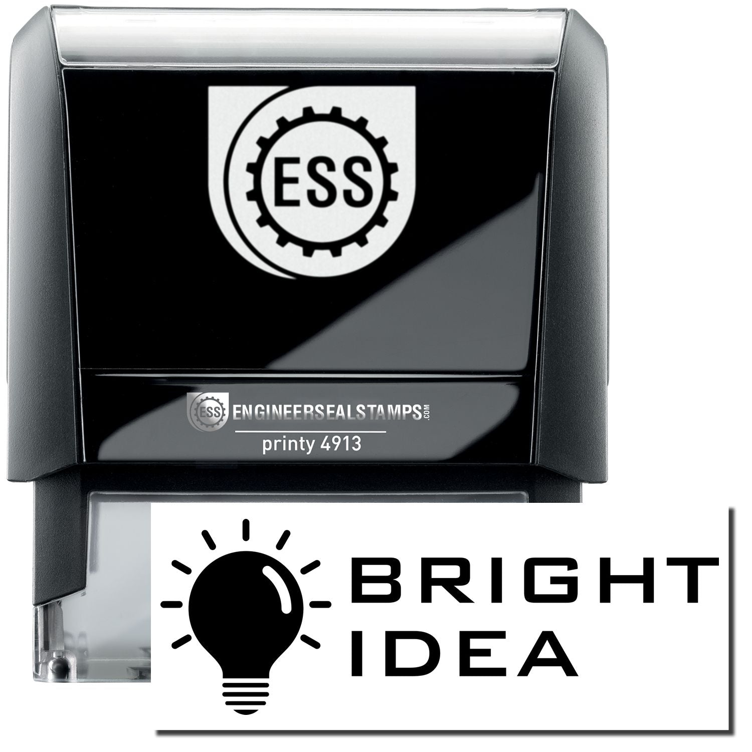 A self-inking stamp with a stamped image showing how the text "BRIGHT IDEA" in a tech-style font with an image of a bright lightbulb on the left side of the text is displayed after stamping.