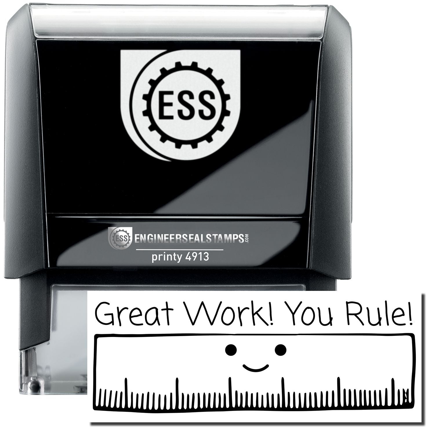 A self-inking stamp with a stamped image showing how the text "Great Work! You Rule!" in a large font with a large image of a ruler with a smiling face underneath is displayed after stamping.