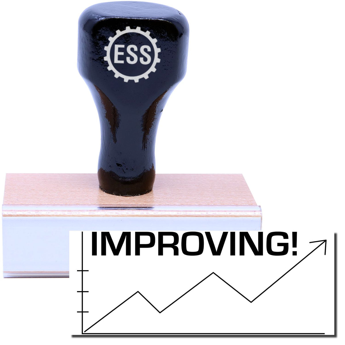 A stock office rubber stamp with a stamped image showing how the text &quot;IMPROVING!&quot; in a large font with an image of a chart below that shows an arrow moving up, down, and back up again is displayed after stamping.