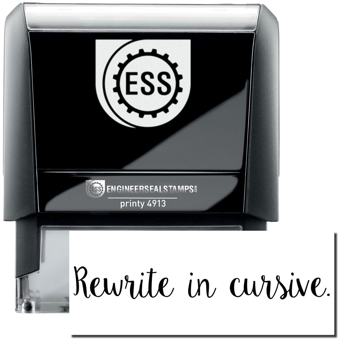 A self-inking stamp with a stamped image showing how the text &quot;Rewrite in cursive.&quot; in a large cursive font is displayed by it after stamping.