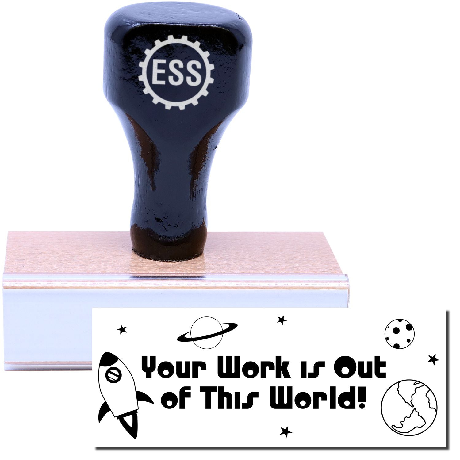 A stock office rubber stamp with a stamped image showing how the text Your Work is Out of This World! in a large unique wacky font with space icons like planets, moons, and a rocket ship surrounding the text is displayed after stamping.